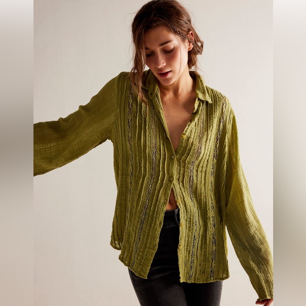 Free People Olive Green Textured Button-Down Shirt